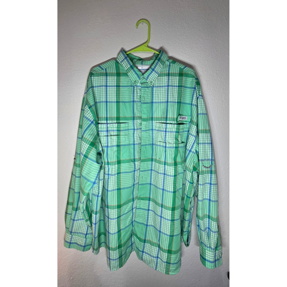 Columbia PFG Tamiami II Fishing Shirt Mens XXL Green Plaid Long Sleeve Venting